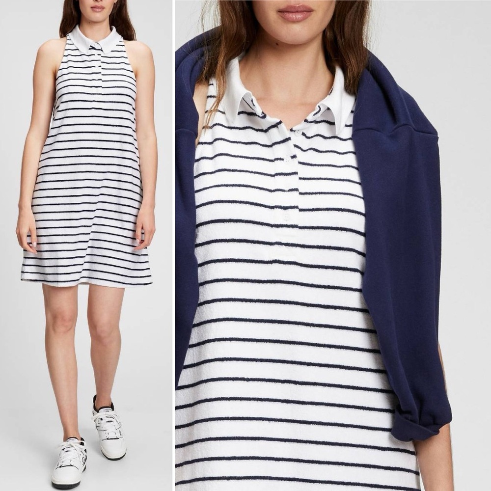 GAP Towel Terry Striped Sleeveless Polo Mini Dress Navy White Medium